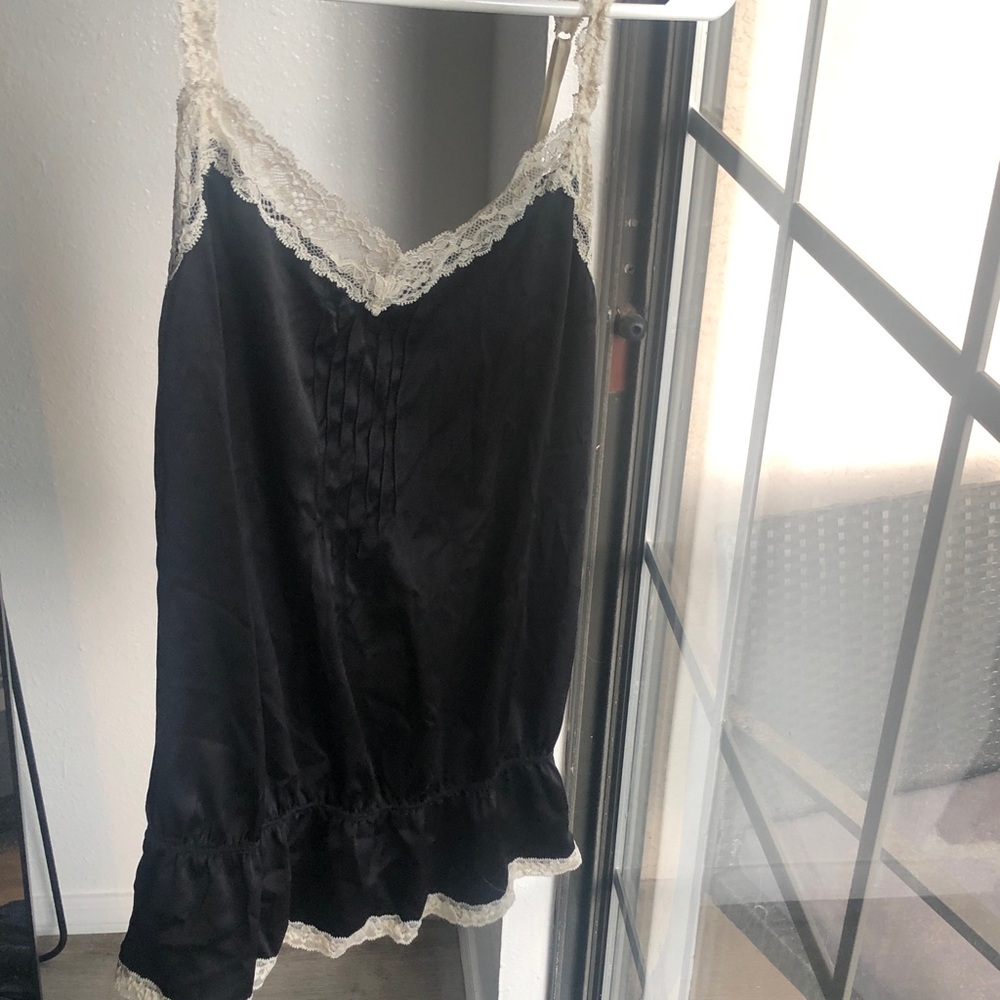 aerie Black Satin Slip with Cream Lace Trim